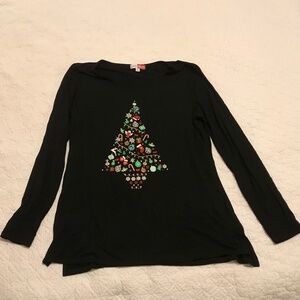 MerryWear lightweight black long sleeved top with Christmas tree decoration (M)